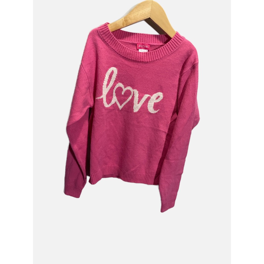 Zunie Girl Love Sweater Kids Medium 7/8 Pink Graphic Heart Knit Pullover Cozy - Picture 2 of 4